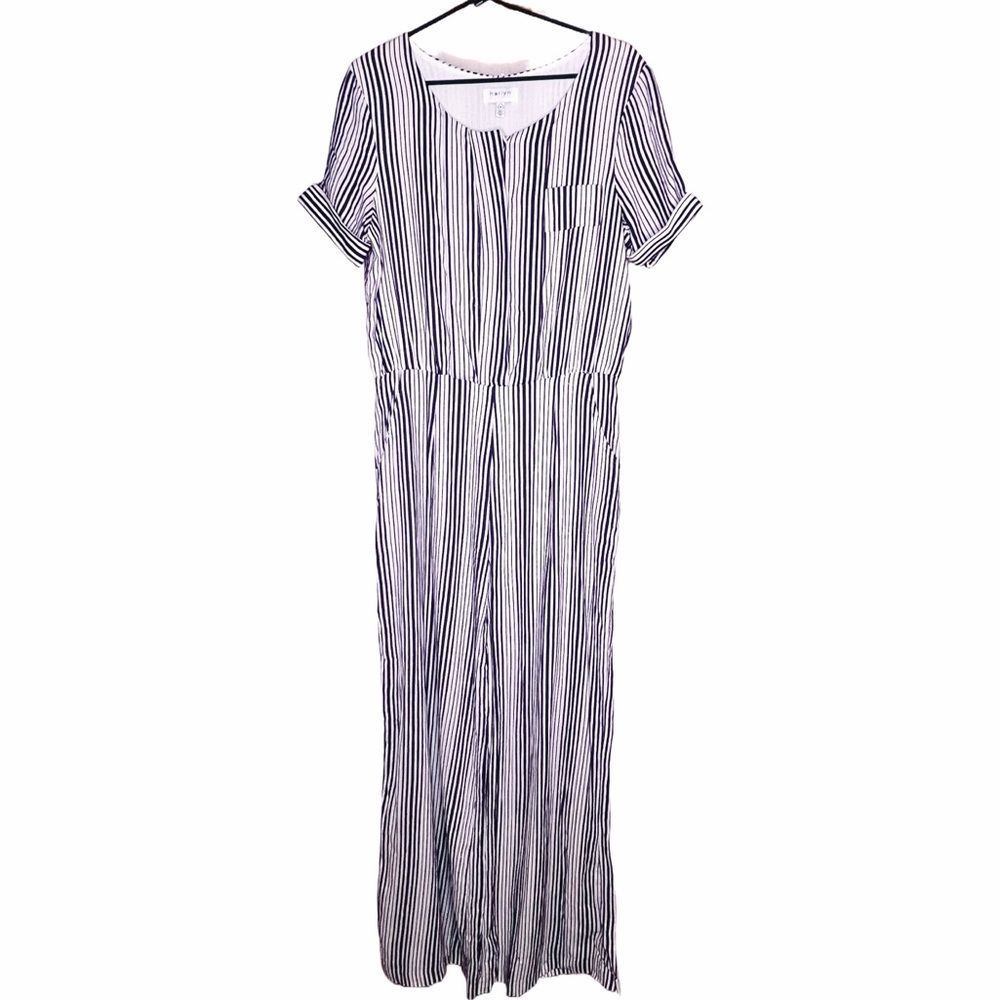Anthropologie Harlyn Navy Striped Wide Leg Jumpsuit Women's M Linen Cotton